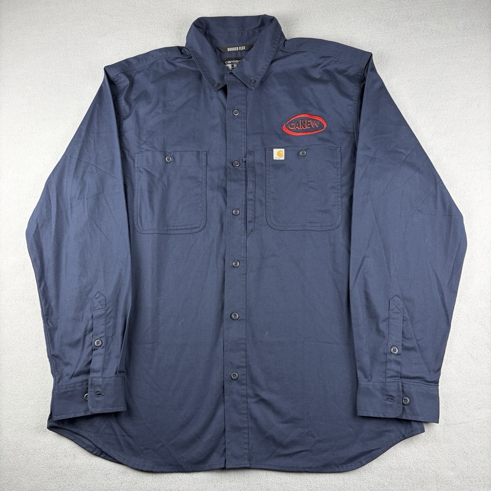 Carhartt Rugged Flex Relaxed Fit Work Shirt Navy Blue Carew Logo Men's XL